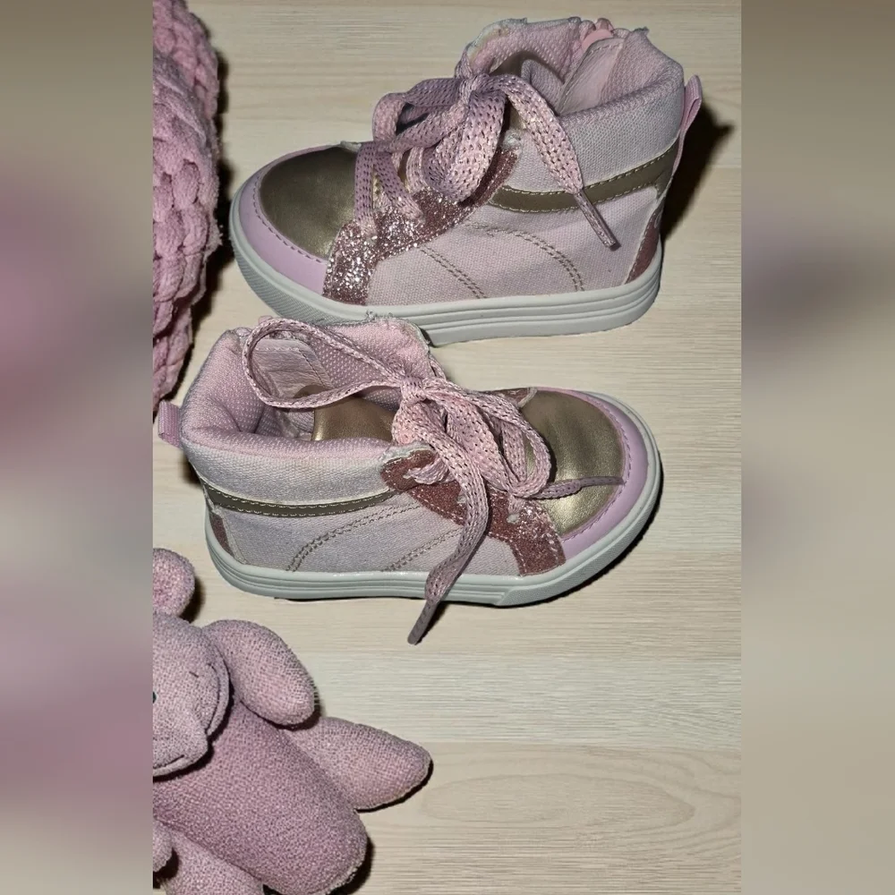 Stylish Pink and Gold Kids High-Top Sneakers